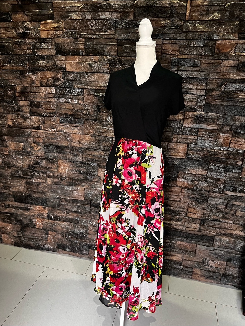 Anthropologie Black Top with Pink & White Floral Maxi Skirt